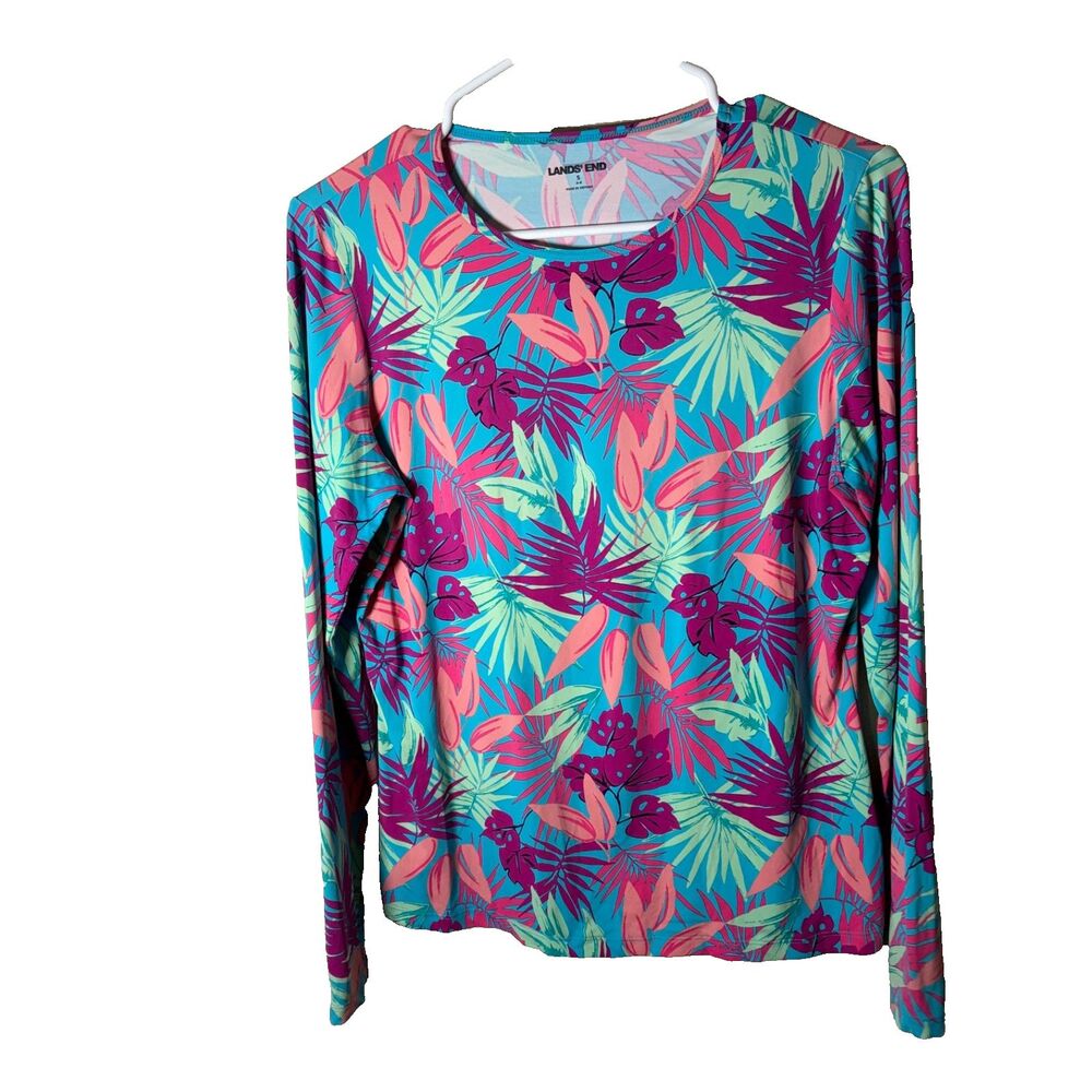 Lands' End T-Shirt Women's Small Athletic Floral Rash Guard Round Neck Shirt